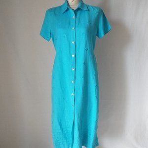 J.A. STUDIO Embroidered Linen Midi Shirt Dress Short Sleeve Button-Down Blue M